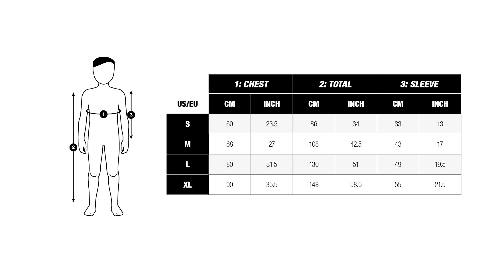 Boys' Onesies suit size chart with measurements for chest, arm, and total lenght in both centimeters and inches. The chart includes sizes S, M, L, and XL, with a diagram showing how to measure each area: chest across the widest part of the torso, waist at the natural waistline, and inseam from the inner thigh to the ankle.