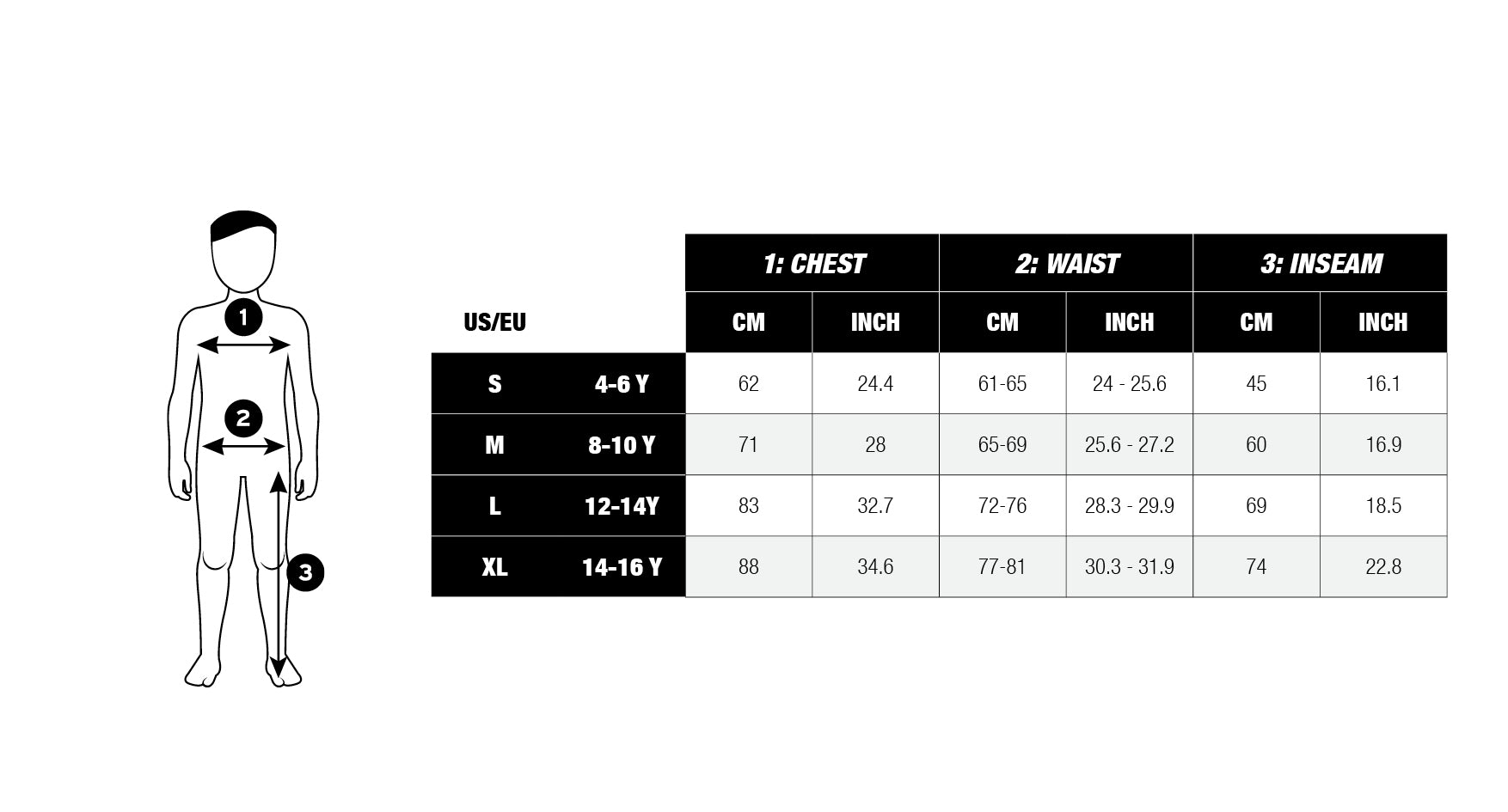 Boys' suit size chart with measurements for chest, waist, and inseam in both centimeters and inches. The chart includes sizes S, M, L, and XL, with a diagram showing how to measure each area: chest across the widest part of the torso, waist at the natural waistline, and inseam from the inner thigh to the ankle.