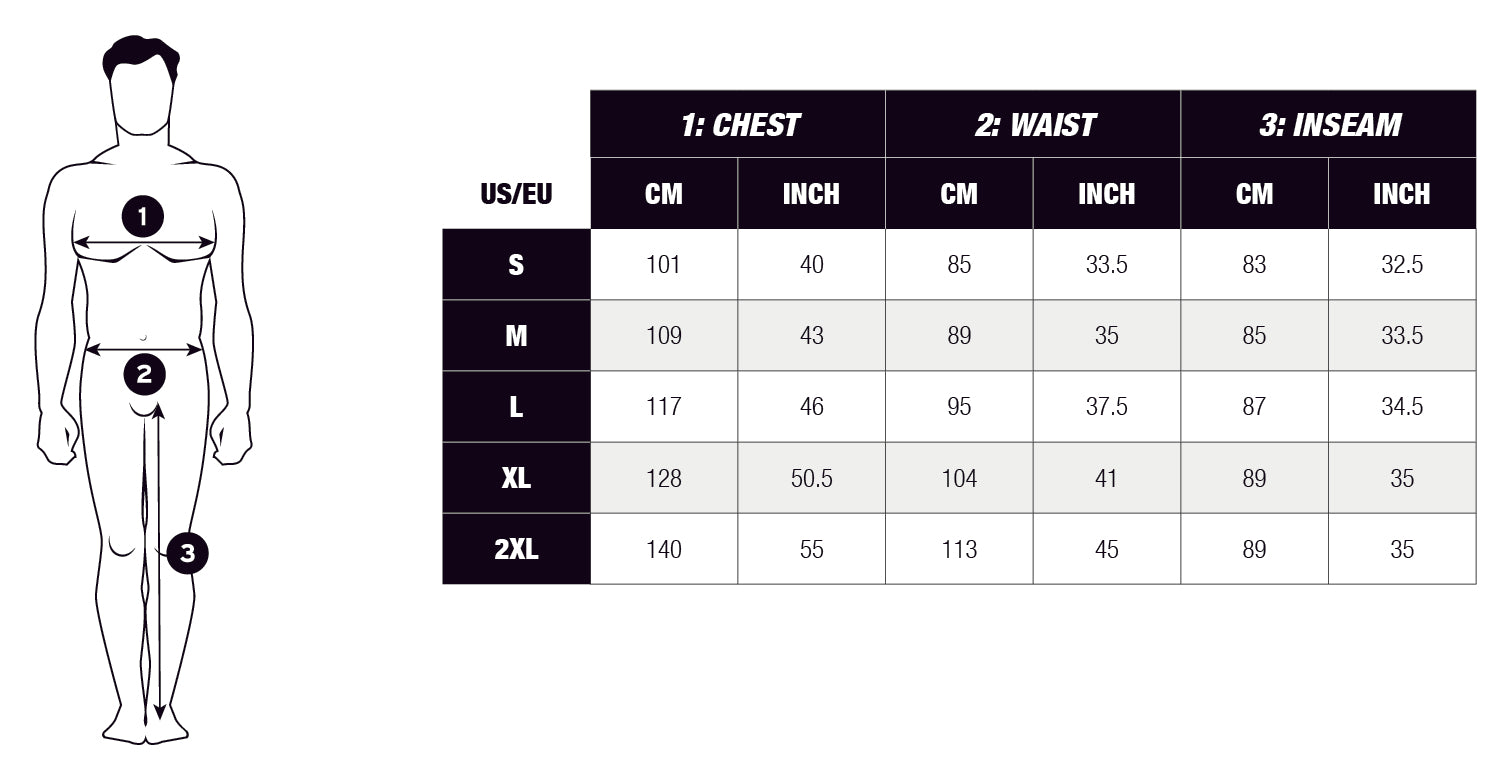 Men's suit size chart with measurements for chest, waist, and inseam in both centimeters and inches. The chart includes sizes S, M, L, XL, and 2XL, with a diagram showing how to measure each area: chest across the widest part of the torso, waist at the natural waistline, and inseam from the inner thigh to the ankle.