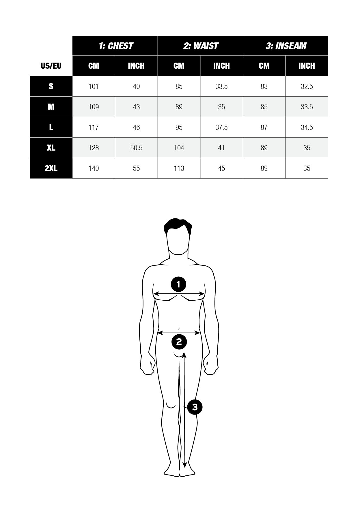 Men's suit size chart with measurements for chest, waist, and inseam in both centimeters and inches. The chart includes sizes S, M, L, XL, and 2XL, with a diagram showing how to measure each area: chest across the widest part of the torso, waist at the natural waistline, and inseam from the inner thigh to the ankle.