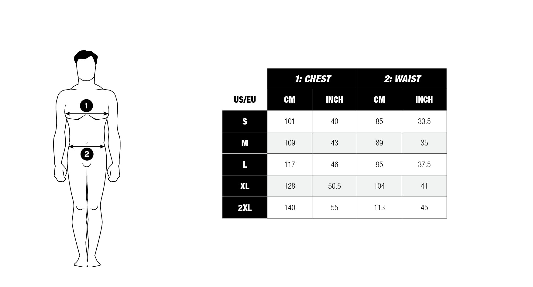 Men's Summer suit size chart with measurements for chest, and waist, in both centimeters and inches. The chart includes sizes S, M, L, XL, and 2XL, with a diagram showing how to measure each area: chest across the widest part of the torso, waist at the natural waistline, and inseam from the inner thigh to the ankle.