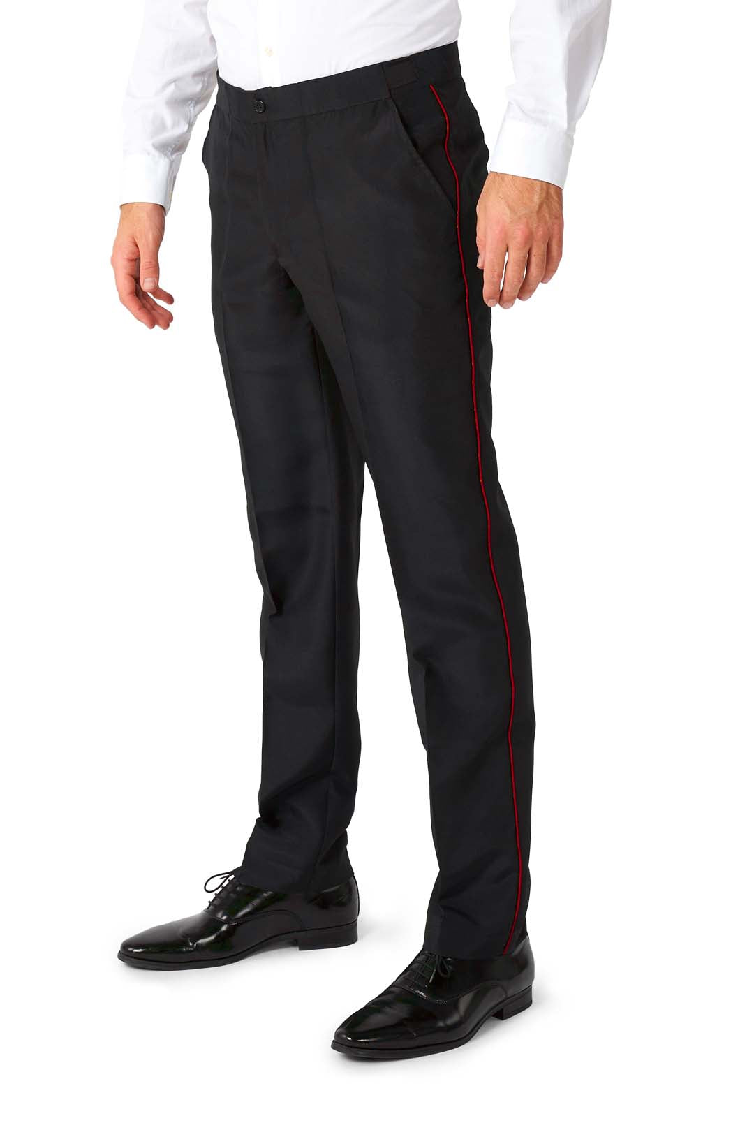 A person dressed in the Harry Potter Suit Gryffindor™ by Suitmeister, featuring black trousers with a red stripe, paired with a white shirt and black dress shoes, stands against a white background.