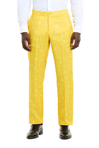 A person wearing Suitmeister's Premium Beer Yellow pants, featuring a subtle pattern, a white shirt, and formal black shoes stands against a white background. The image captures the outfit from waist to shoes.