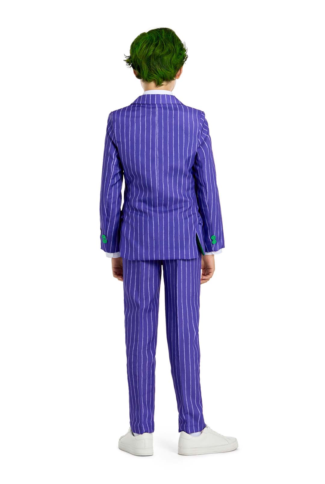 A child wearing the Joker costume by Suitmeister, featuring green hair, a purple pinstripe suit, and white sneakers, stands facing away.