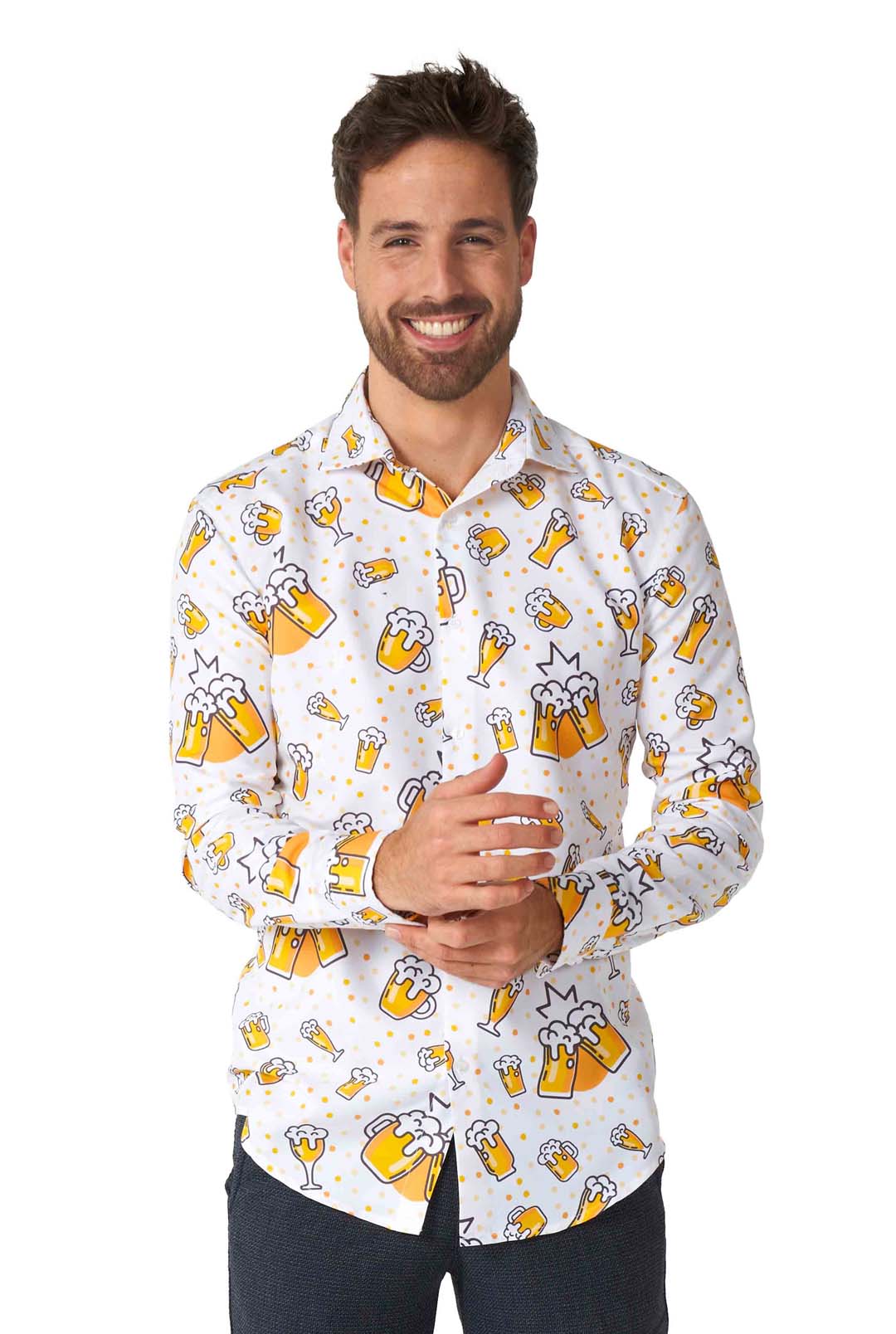 A bearded man stands against a white background, smiling and wearing the Suitmeister Beer Shirt, which features a playful pattern of beer mugs and bottles.