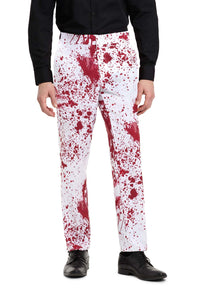 A person is wearing the Suitmeister Bloody Suit White - Halloween suit, featuring a striking red splatter pattern on a white background, similar to paint designs. They have paired it with a black shirt and black dress shoes. The photo captures the unique design of the pants in focus.