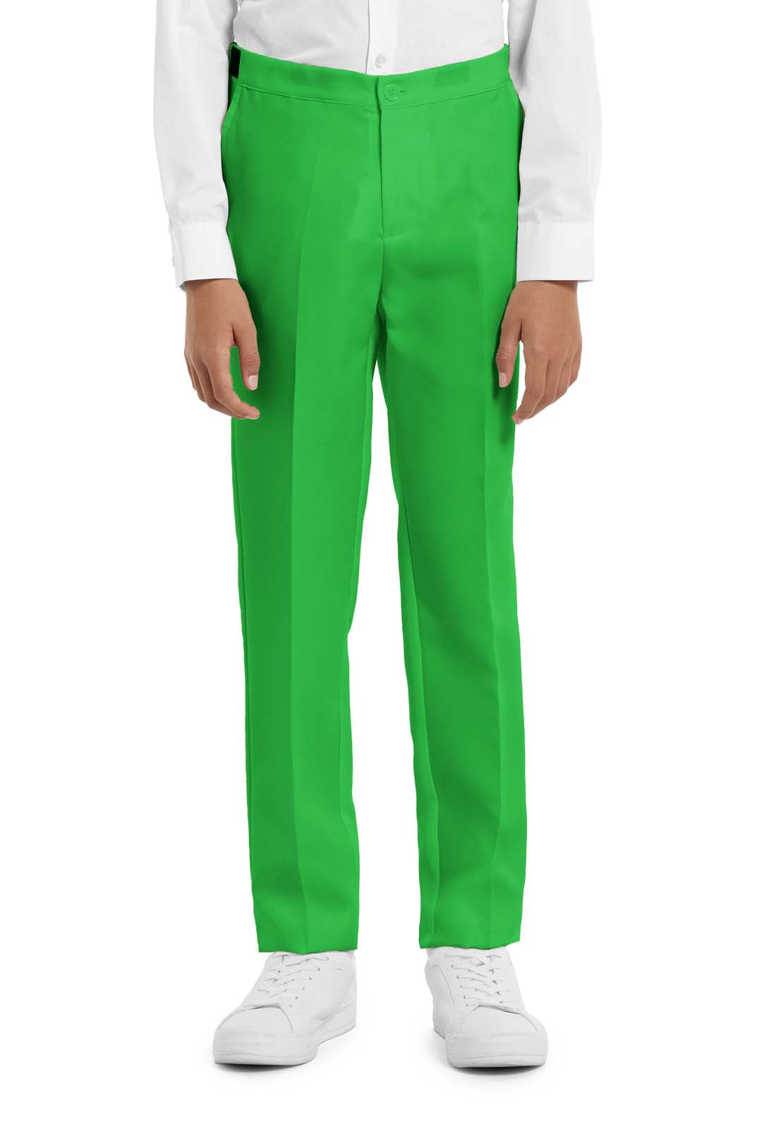 A person wearing Suitmeisters Solid Green pants stands against a plain white background, showcasing the white long-sleeve shirt and sneakers. Only the lower body is visible from the waist down.