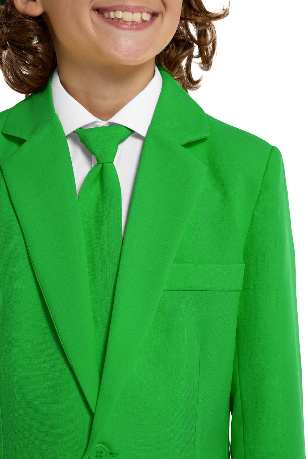 A child smiles while wearing Suitmeisters Solid Green suit, featuring a bright green color with a matching tie over a white shirt, capturing the vibrant essence of the outfit.