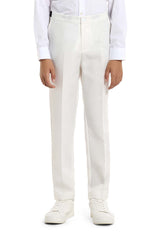 A model dressed in the Solid White - White Suit by Suitmeister stands against a plain white background. The image highlights the lower half, showcasing the suits white formal trousers and matching white sneakers.