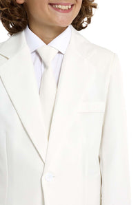 A child smiles while wearing a Suitmeister Solid White suit with a tie. The image captures the upper body, including the coat, tie, and shirt, against a plain white background.