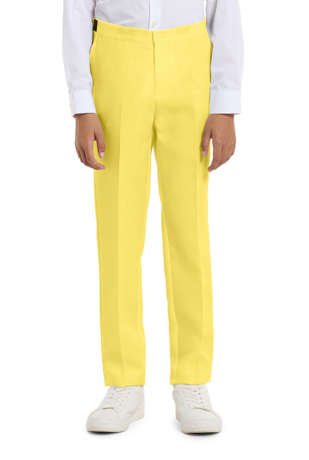 A person wearing the Suitmeister Solid Yellow suit and white sneakers with a white button-up shirt. The image shows them from the shoulders down against a white background.