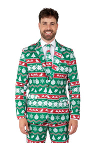 A man smiles while wearing the Suitmeister Christmas Green Nordic suit, which showcases festive patterns such as trees, snowflakes, and ornaments in green, red, and white. He stands against a white background.