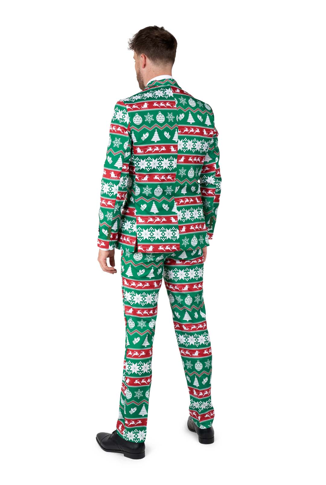 A man wearing the Suitmeister Christmas Green Nordic Christmas Suit, showcasing a festive pattern of green, red, and white with trees, snowflakes, and other holiday designs. He is facing away, highlighting the back of the suit.