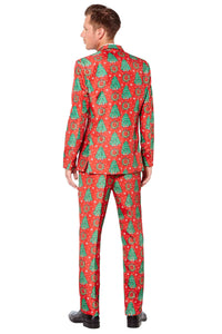 A person is wearing the Suitmeister Christmas Trees - Christmas suit, which features a festive holiday design with Christmas trees over a red background. They are facing away from the camera against a plain white backdrop.