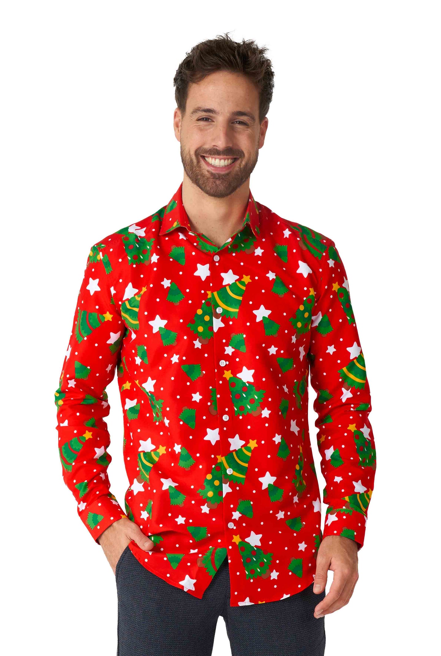 A person wearing the Suitmeister Christmas Trees Stars Red shirt, smiling at the camera.