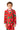 A young boy is dressed in a striking Christmas Trees Stars Red suit from Suitmeister, complete with green Christmas tree and white star patterns. He's paired it with a crisp white shirt and a red tie, his hair neatly styled as he stands against a plain white background.