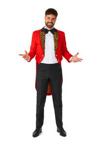 Wearing the Suitmeister's Circus Tailcoat Suit Red, a man poses confidently with open arms. His outfit is complemented by a white shirt, black bow tie, and black pants, as he smiles at the camera against a white background.