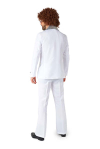 A person dressed in the Suitmeister Disco Suit White, featuring a shiny collar, is standing with curly hair visible and dark shoes on a plain white background.