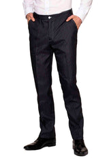 A person wearing the Suitmeister Gangster Pinstripe Black pants and a white shirt, with hands in pockets. They are standing against a white background, and only the lower half of the body is visible. The ensemble is completed with black shoes.