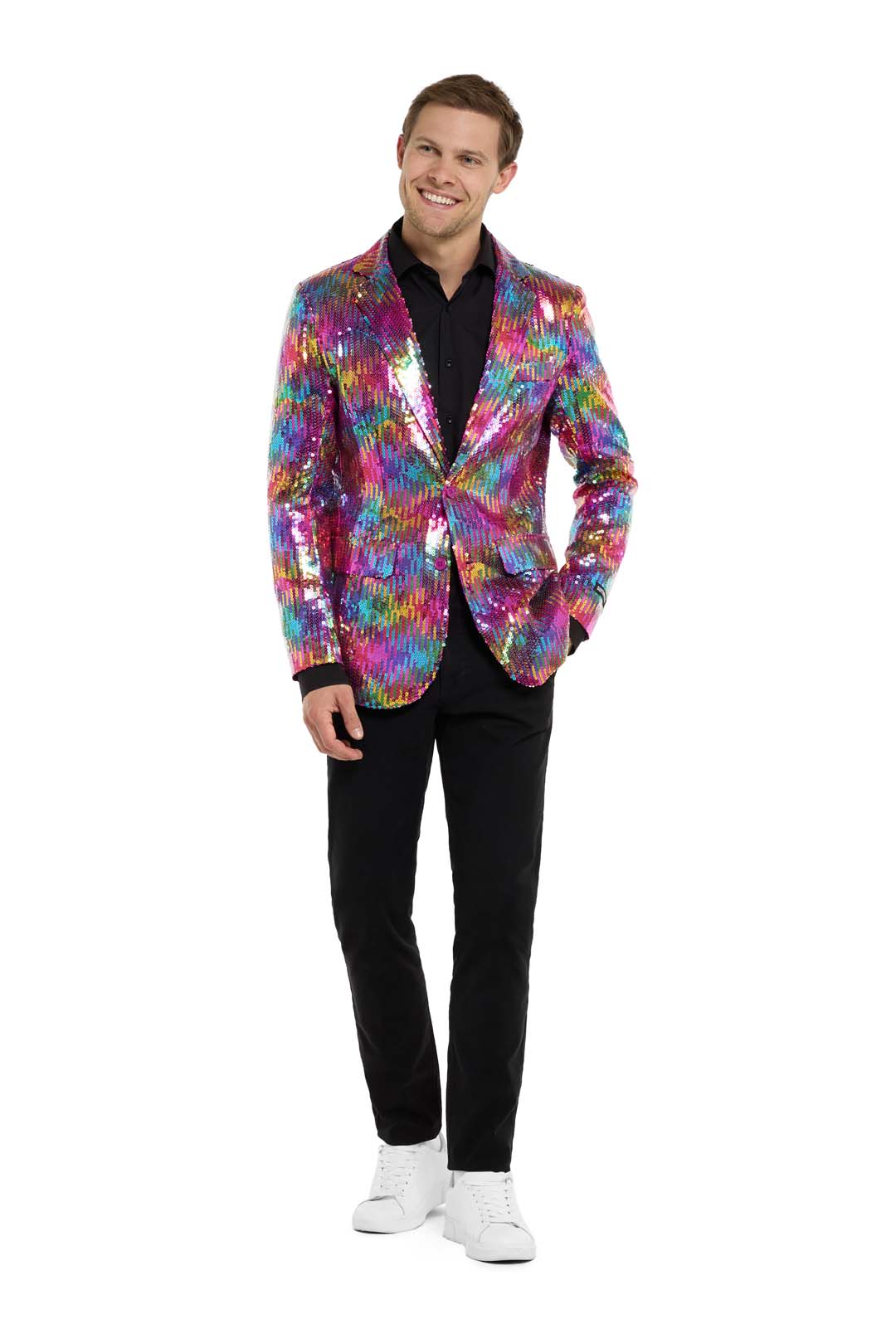 Rainbow sequin blazer for Pride events.