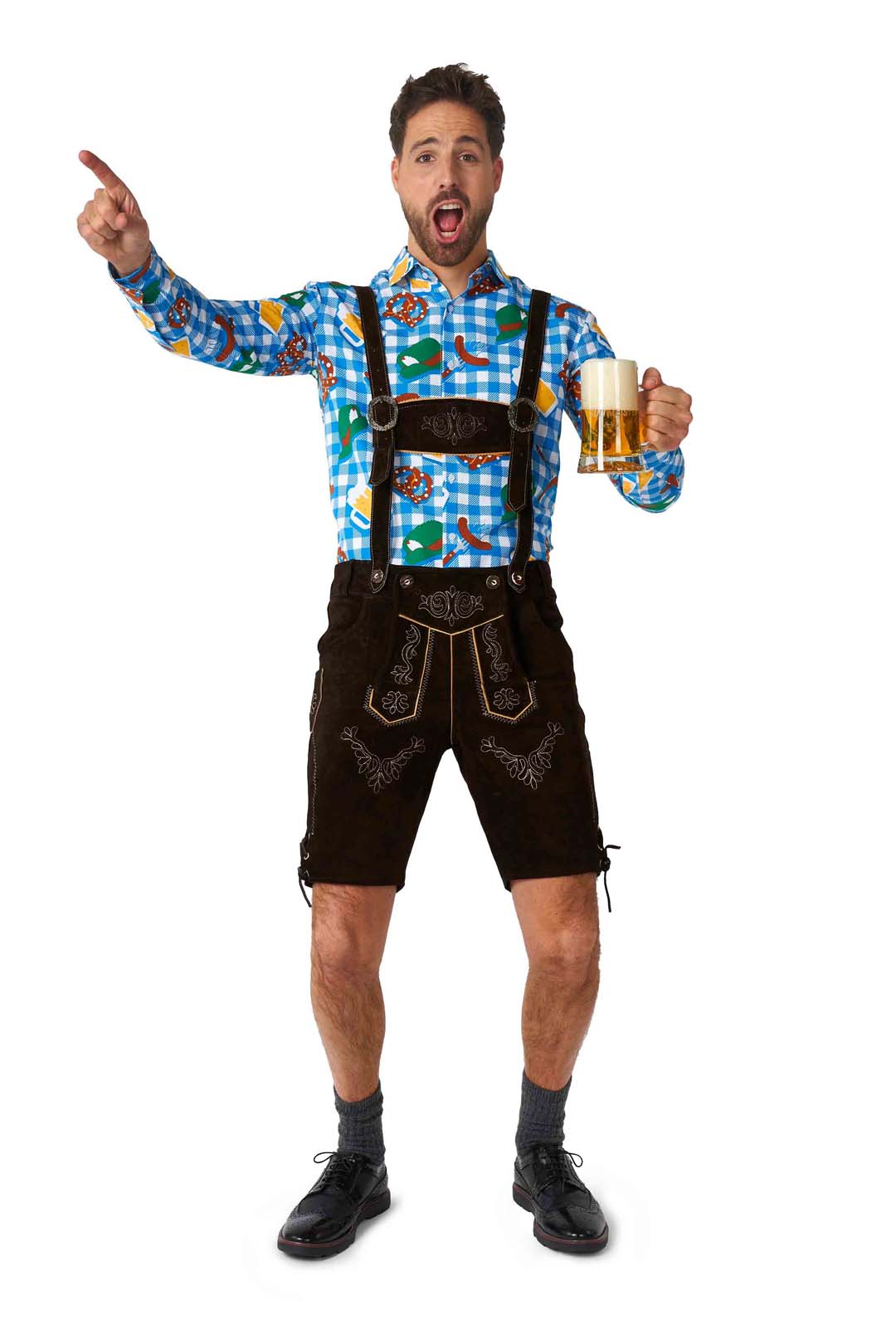 A gentleman wearing the Suitmeister October Check Blue - Octoberfest shirt paired with traditional lederhosen holds a beer mug while gesturing upwards with one hand. He is positioned against a white background.