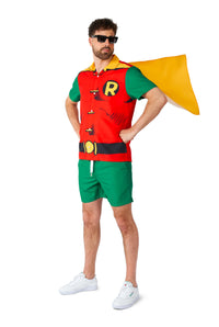 A man poses in a Suitmeister Robin costume, showcasing a superhero-themed outfit with a red and green top adorned with the letter R on the chest, complemented by a yellow cape. He pairs his look with green shorts, white sneakers, and sunglasses against a plain white background.