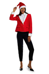 A person dressed in the Suitmeister Santa Faux Fur - Christmas blazer, featuring a festive red color with white trim, paired with black pants and black heels. They are smiling and standing against a plain white background.