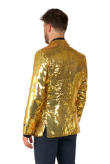 A man stands with his back to the camera, wearing a Suitmeister Sequins Blazer Gold and dark pants.