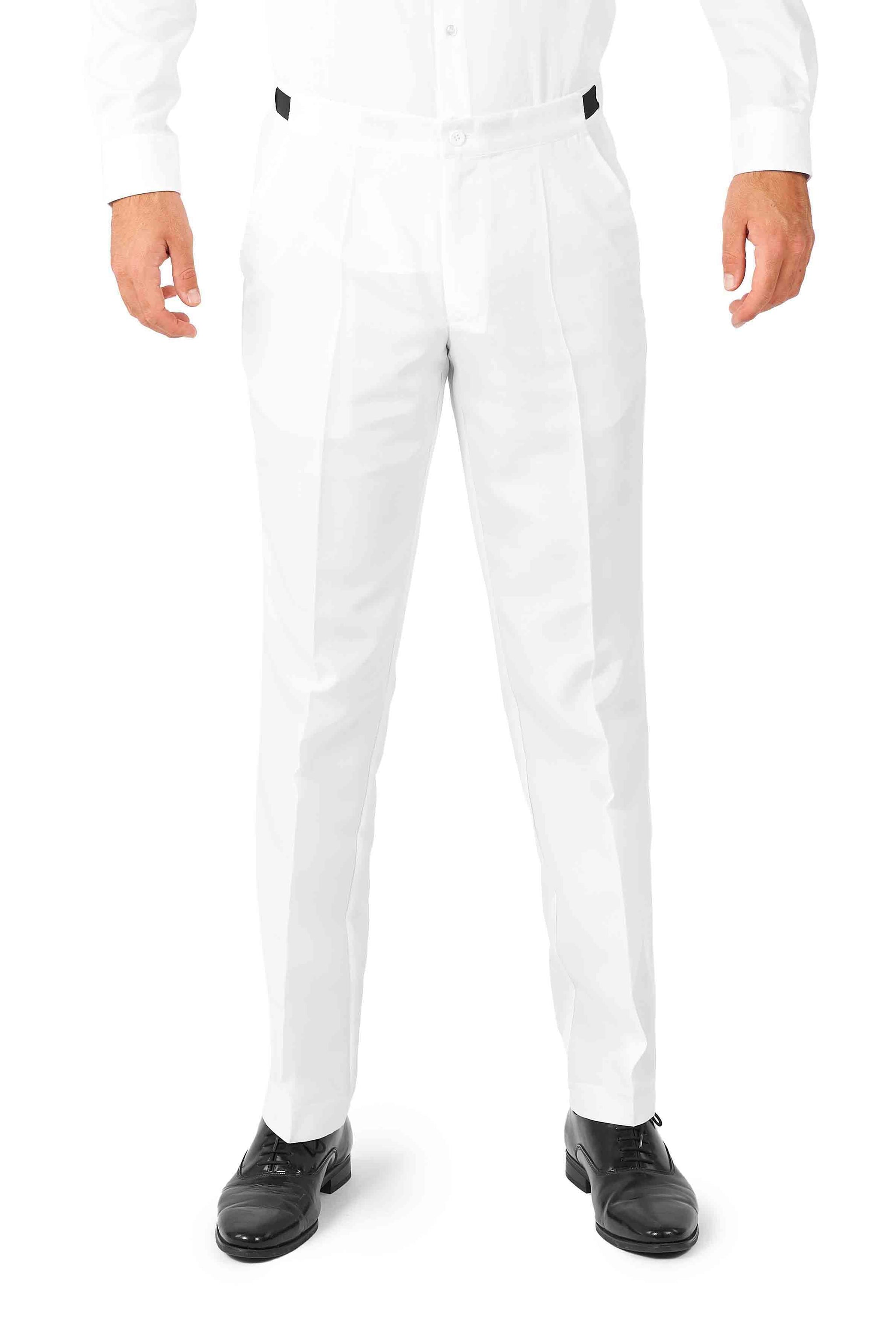 A person sporting a sleek Solid White suit from Suitmeister is shown from the waist down, with immaculate black shoes against a plain white background.