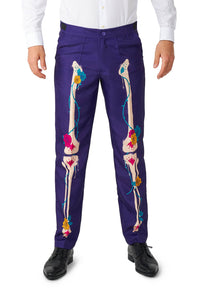 A person wearing Suitmeister's Sugar Skull Purple pants, featuring a vibrant skeleton leg design adorned with colorful roses and vines, paired with a white shirt and black shoes.