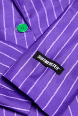 Close-up of The Joker Jacket by Suitmeister, a purple pinstripe suit jacket with green buttons against the vibrant fabric.