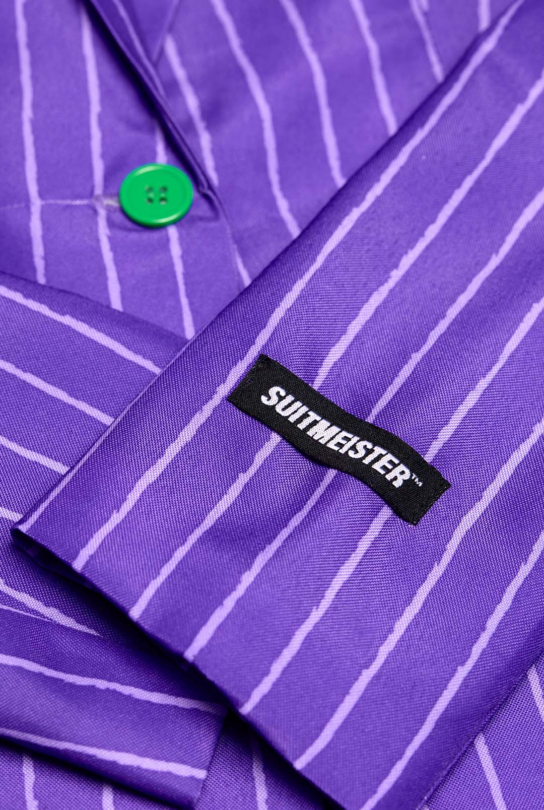 Close-up of The Joker Jacket by Suitmeister, a purple pinstripe suit jacket with green buttons against the vibrant fabric.