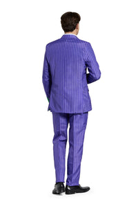 The product showcases an individual dressed in The Joker costume by Suitmeister, featuring a striking purple pinstripe jacket and matching pants with black shoes, all set against a plain white background.