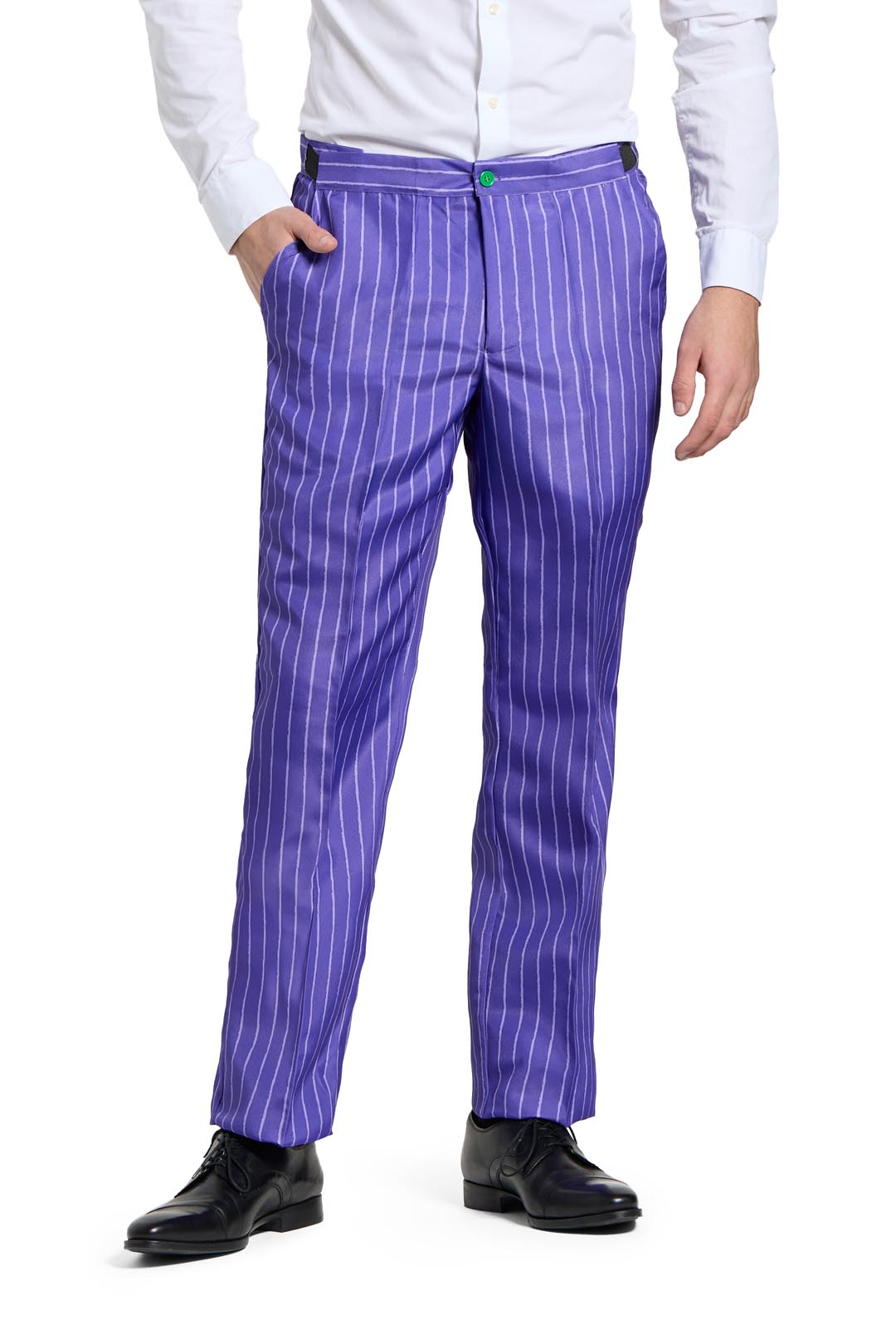 Someone is dressed in the Suitmeister's Joker costume, featuring a white dress shirt and vibrant purple-striped pants paired with black shoes. They have their left hand in their pocket while standing against a white background.