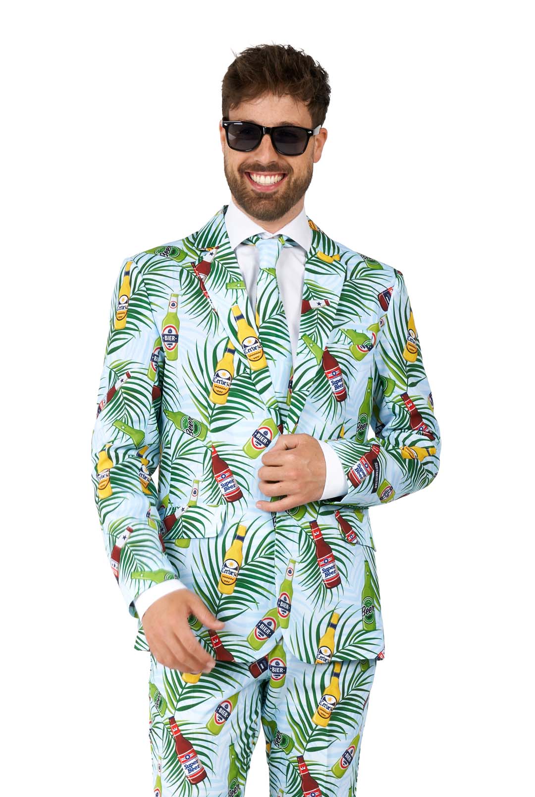 A man dressed in the Suitmeister Tropical Beers Blue Festival suit, a white shirt, and dark sunglasses smiles against a plain white background.