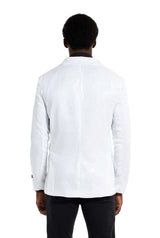 A person is standing with their back to the camera, wearing a Sequins Blazer White by Suitmeister and black pants. The blazer features long sleeves and a tailored fit. The background is plain white.