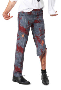 A person dressed in the "Zombie Grey" zombie costume by Suitmeister. They're wearing gray pinstriped pants, expertly designed with realistic red stains and knee tears, accompanied by a white shirt and black shoes. The outfit is completed with animated hand gestures and a partially visible leg displaying the distressed look.